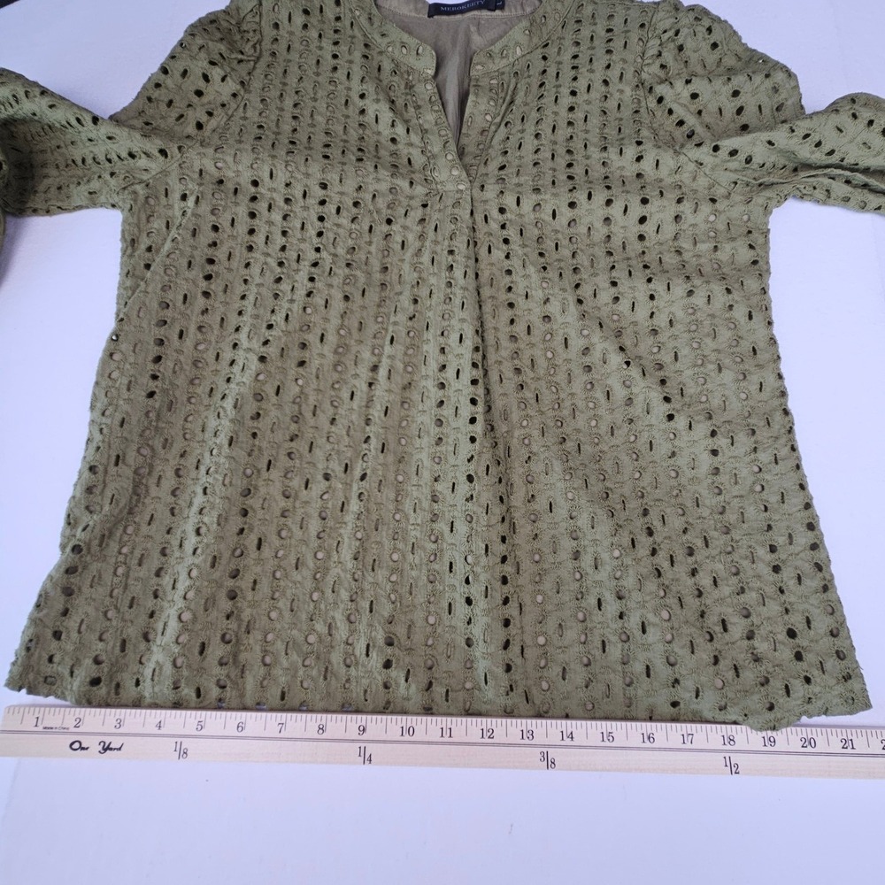 Merokeety Women Olive Green Eyelet Embroidered Split Neck Long Sleeve Blouse L - Picture 5 of 9